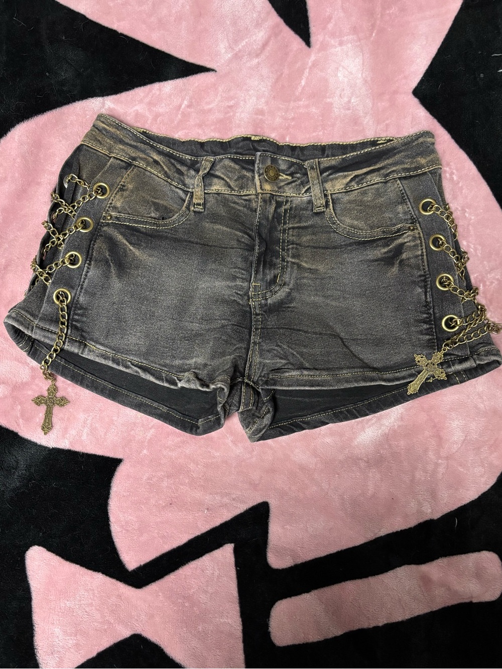 Shein Washed Black Denim Shorts with Gold Chain & Cross Accents